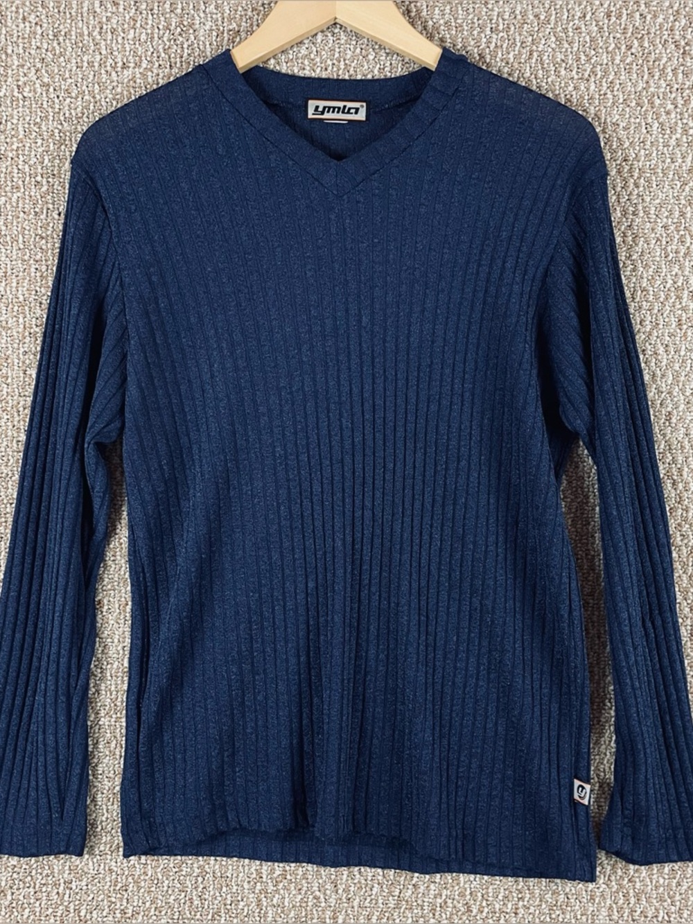 Vintage YMLA Shirt Men M/L 90s Club Raver Ribbed Pullover Blue Rockabilly T679